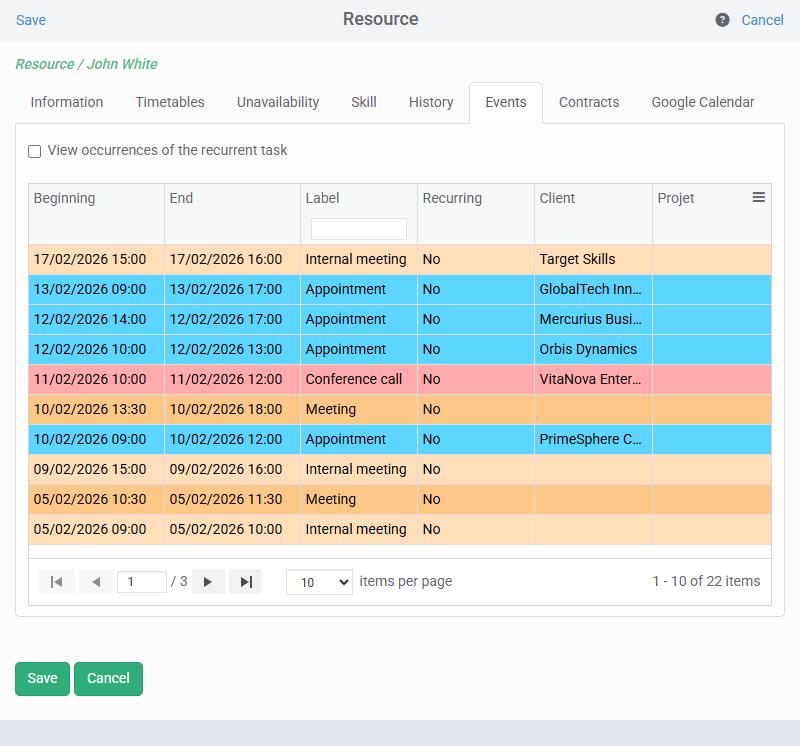 Tracking events by client or resource