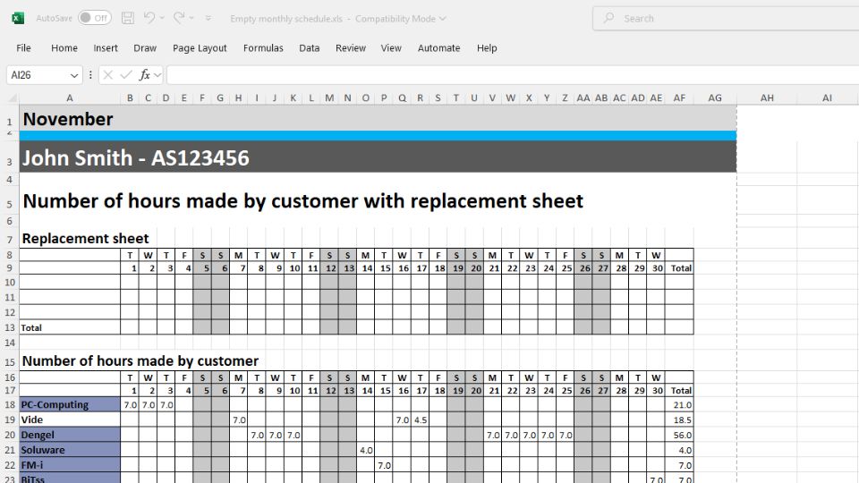 Monthly schedule of hours in Excel