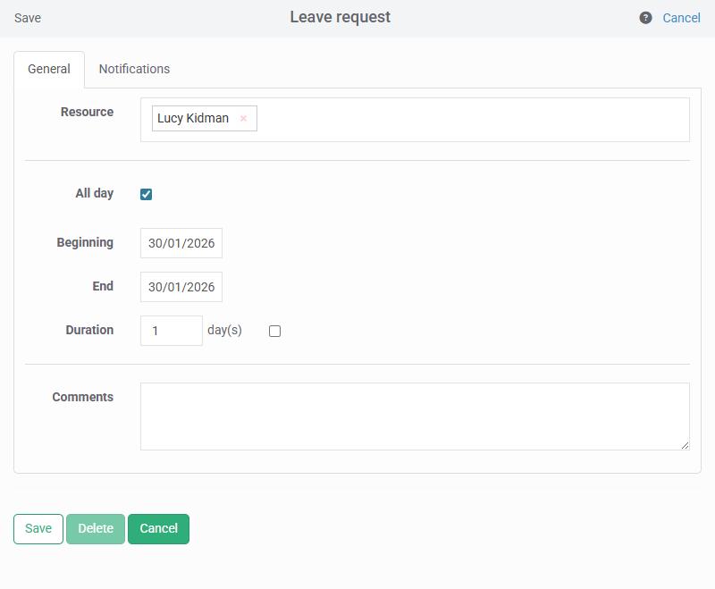 Quick creation of a leave request