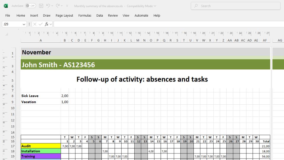Monthly schedule of absences and leaves in Excel