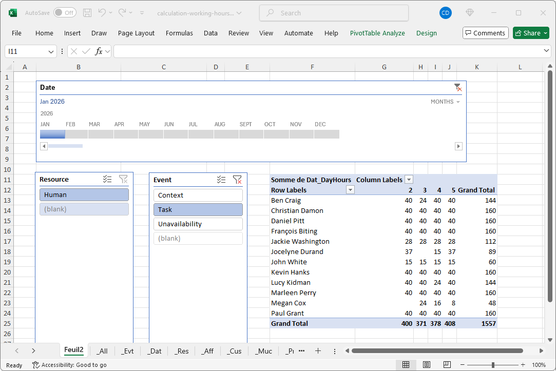 Template for calculating working hours